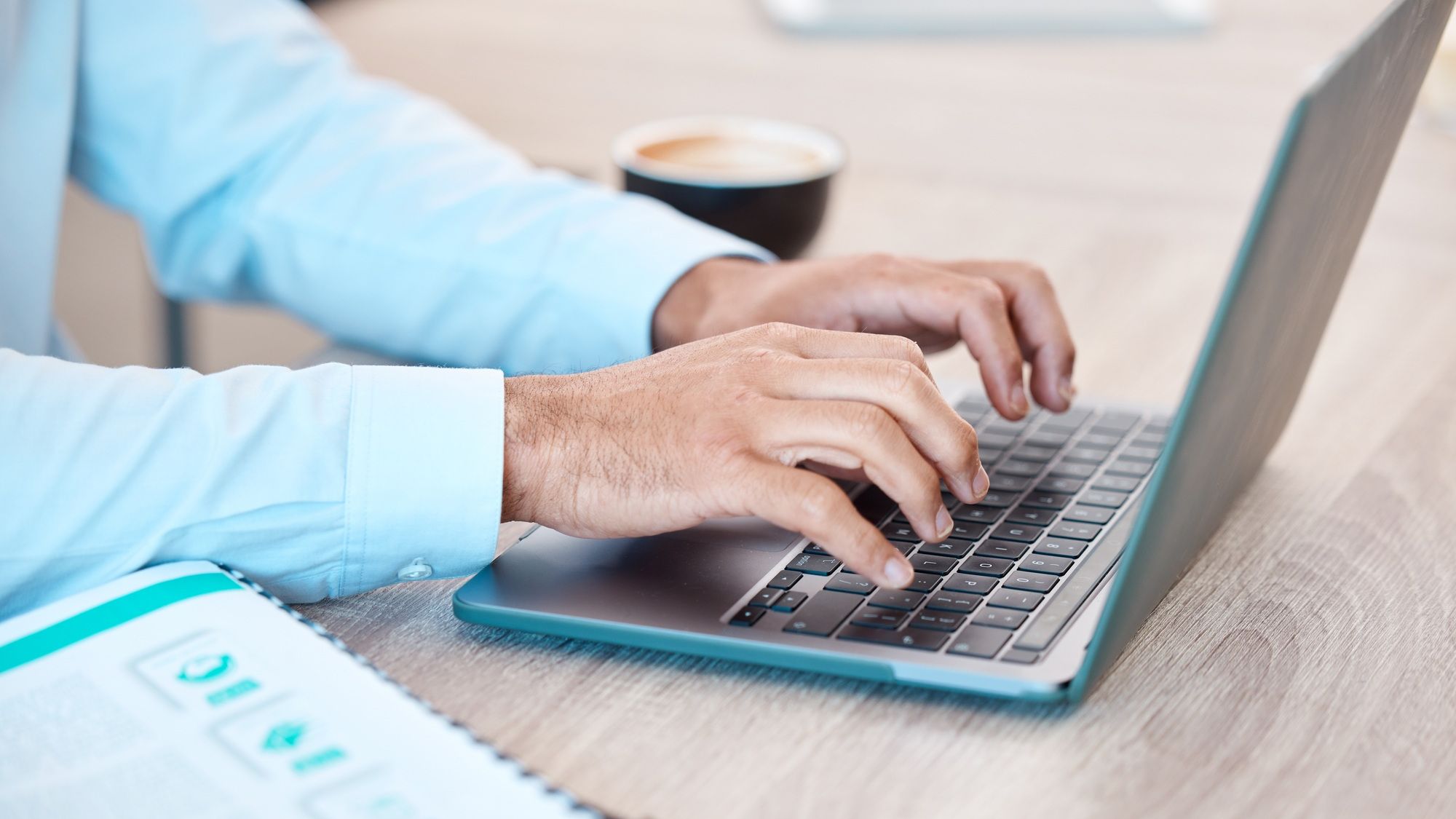 Computer typing, man working and work web research of a tech business man at a office. IT internet