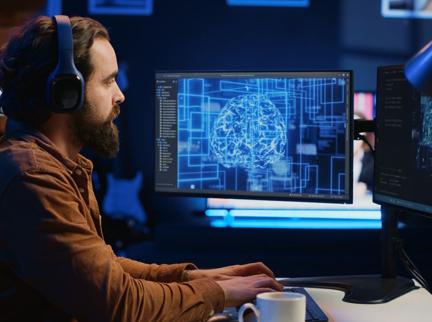 IT expert enjoying coffee and audio podcasts while writing AI code